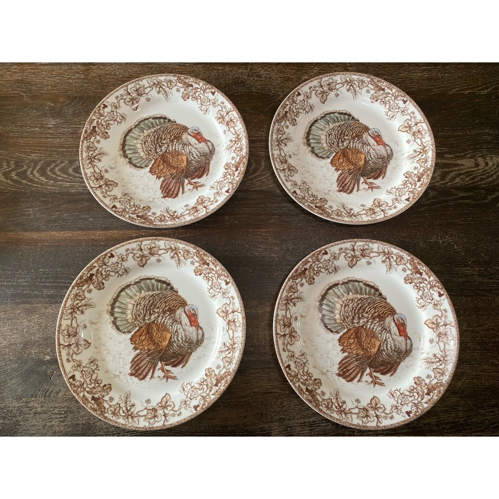 Williams Sonoma Plymouth Thanksgiving Turkey Set of 4 Dinner Plates 10.5"